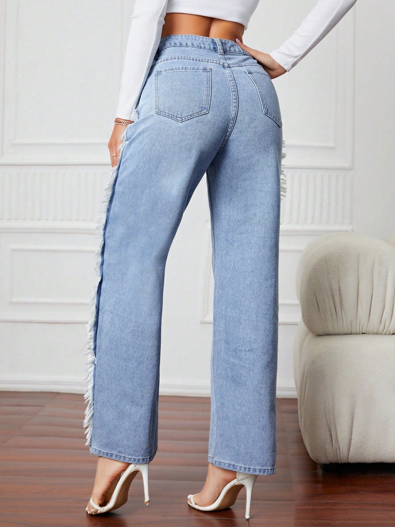 Fringe Trim Wide Leg Jeans