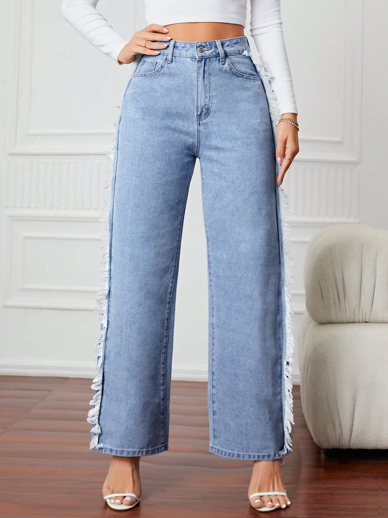 Fringe Trim Wide Leg Jeans
