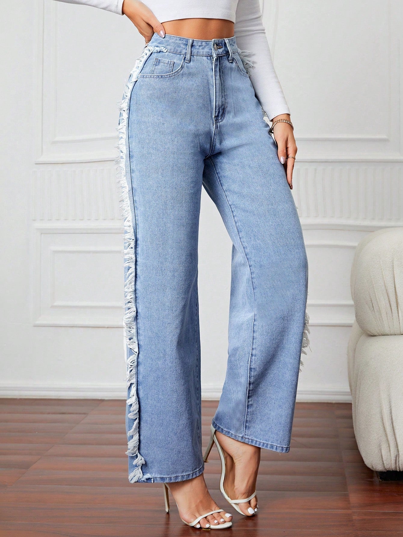 Fringe Trim Wide Leg Jeans