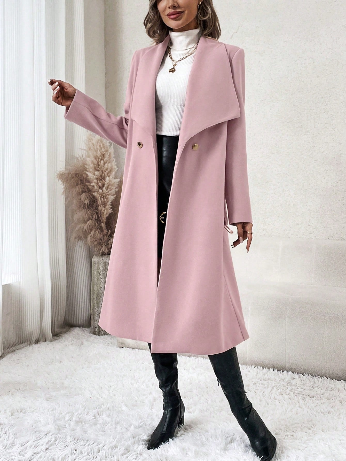 Waterfall Collar Belted Overcoat