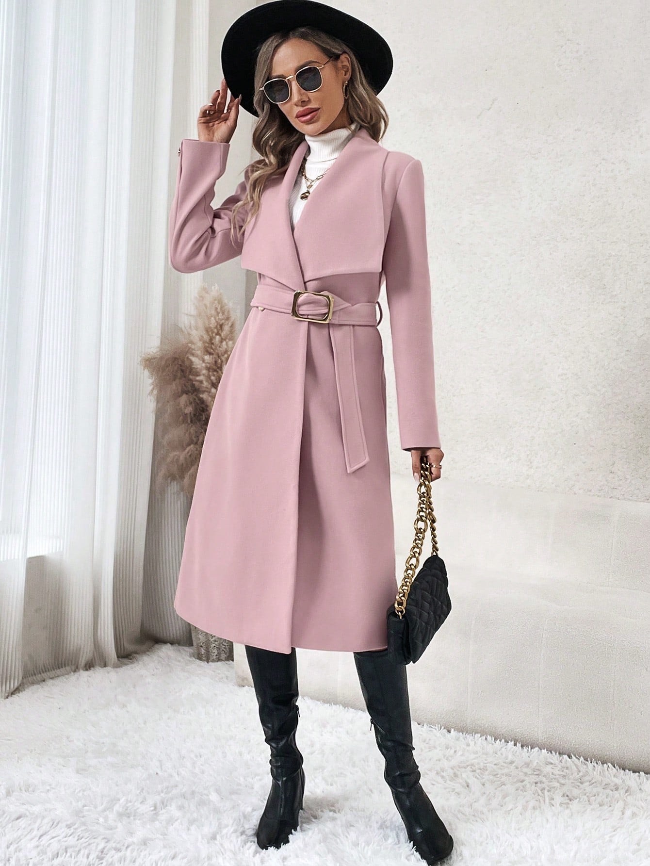 Waterfall Collar Belted Overcoat