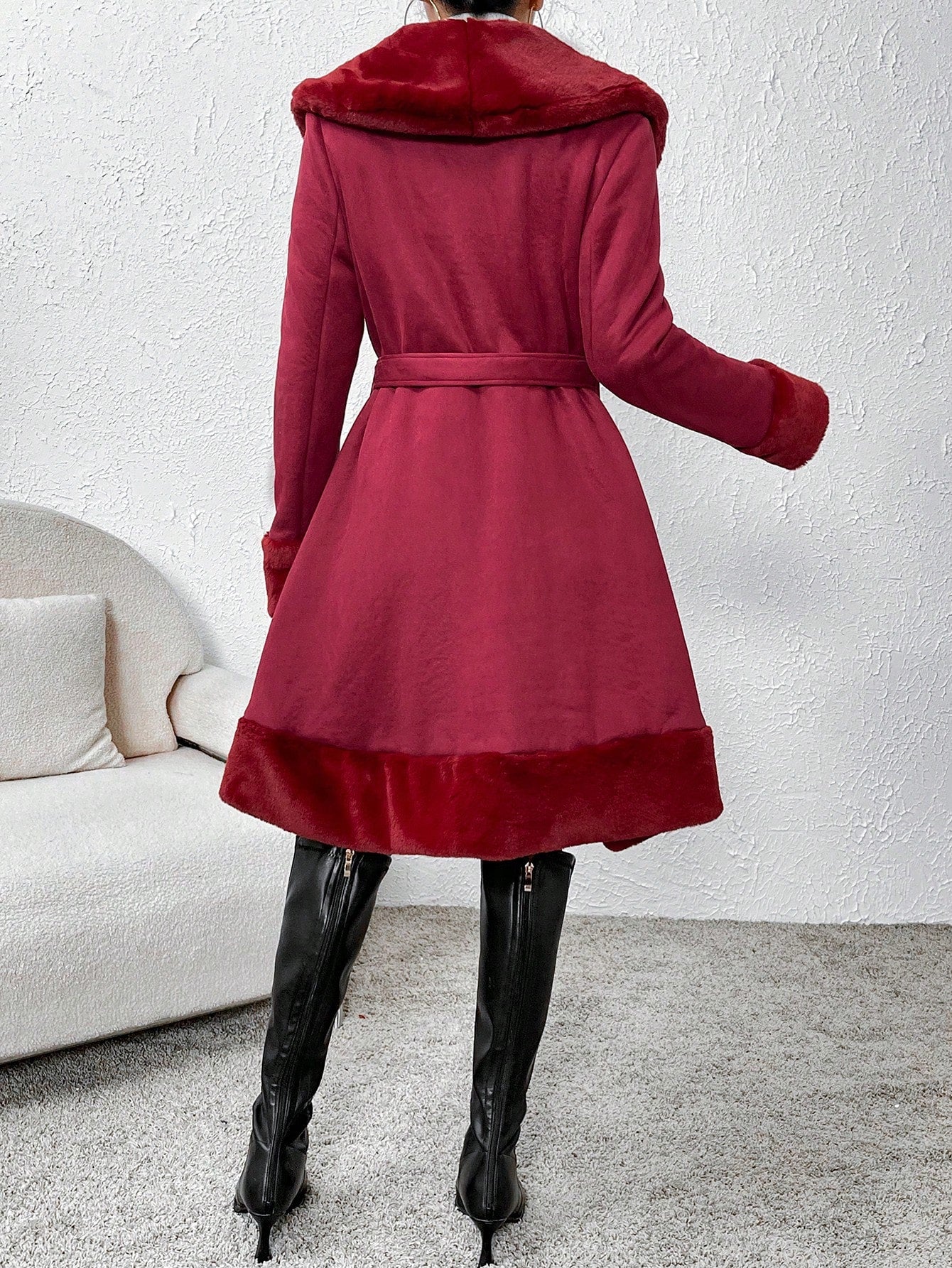Fuzzy Collar Belted Coat