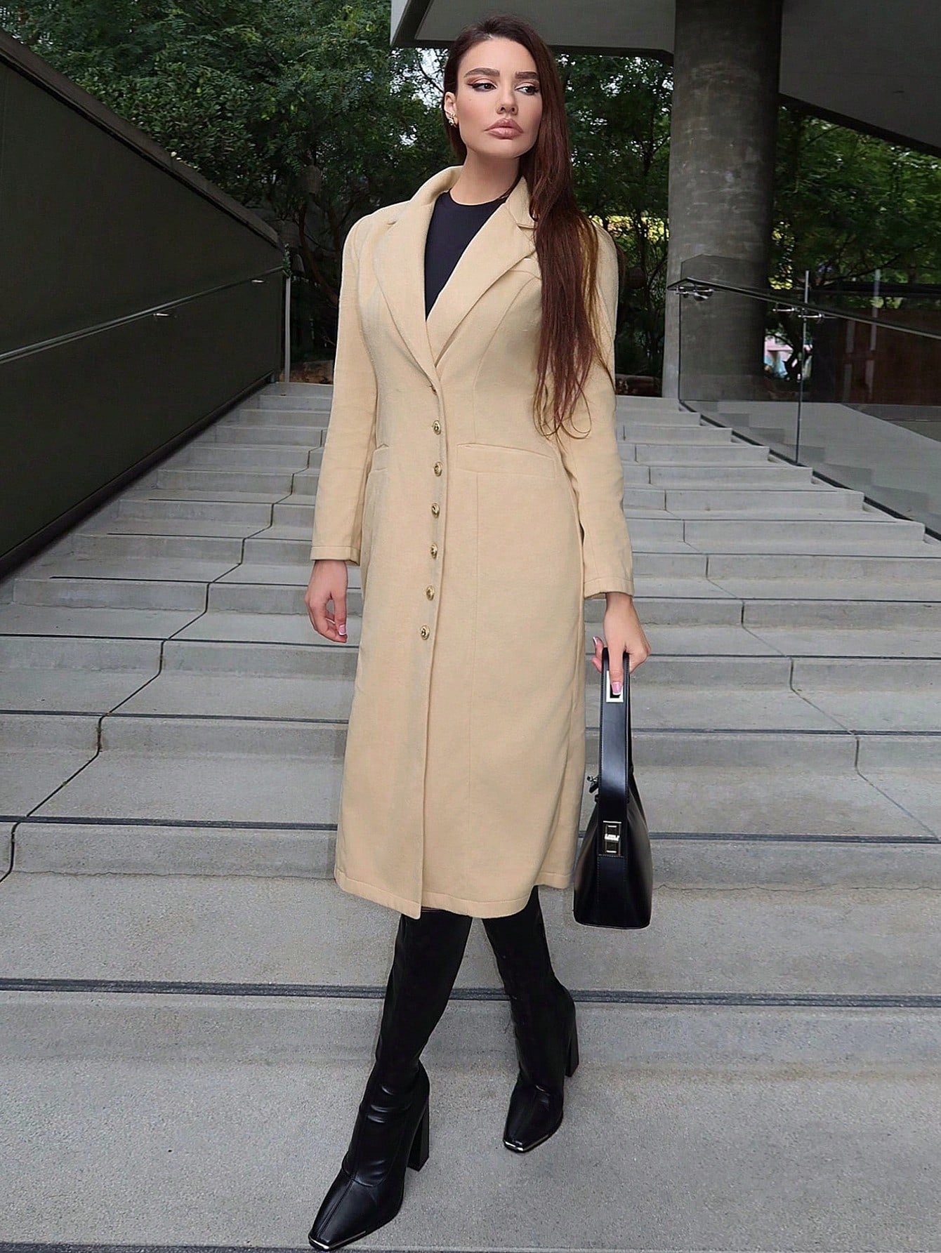 Lapel Neck Button Front Tweed Overcoat