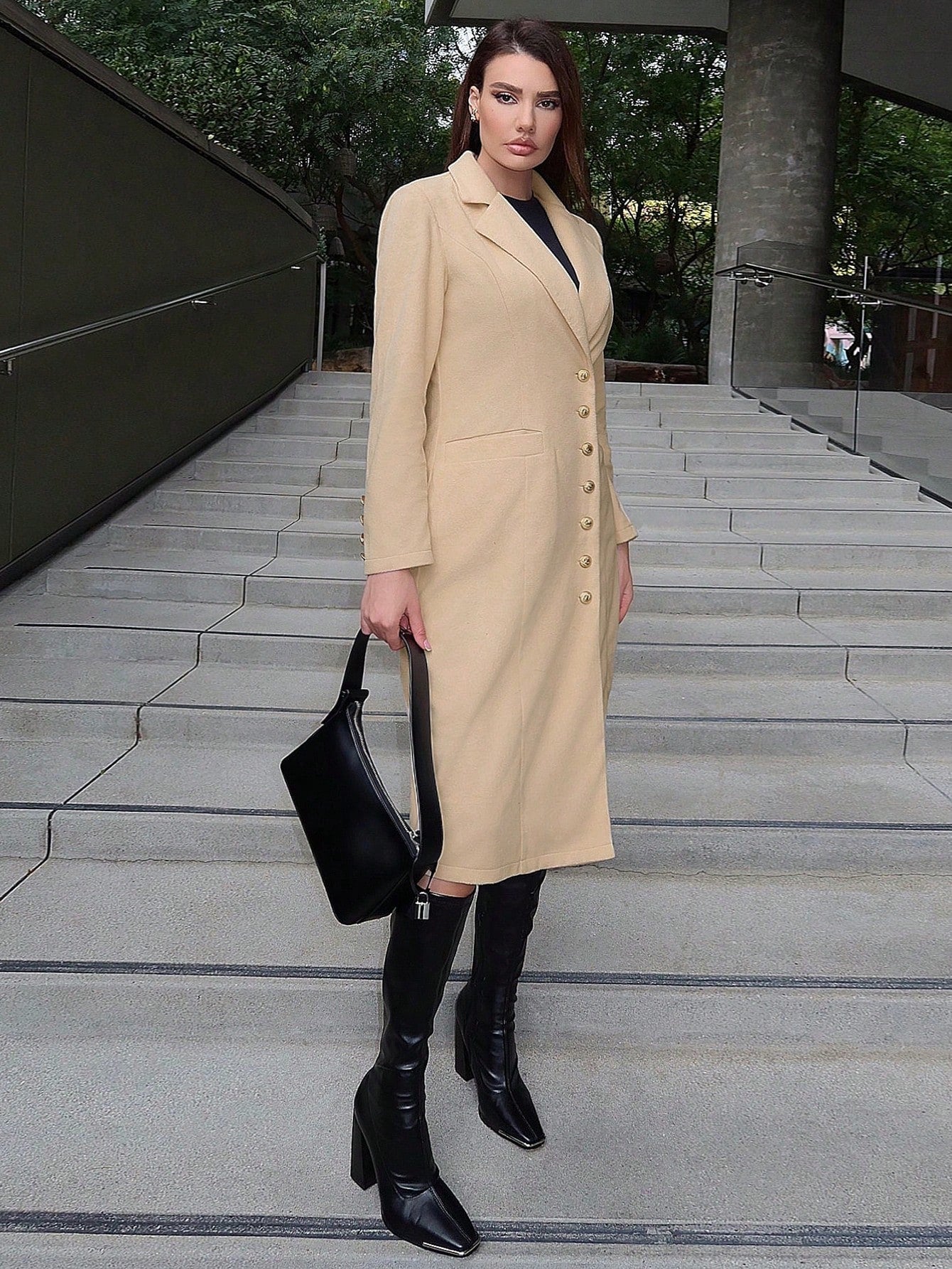 Lapel Neck Button Front Tweed Overcoat
