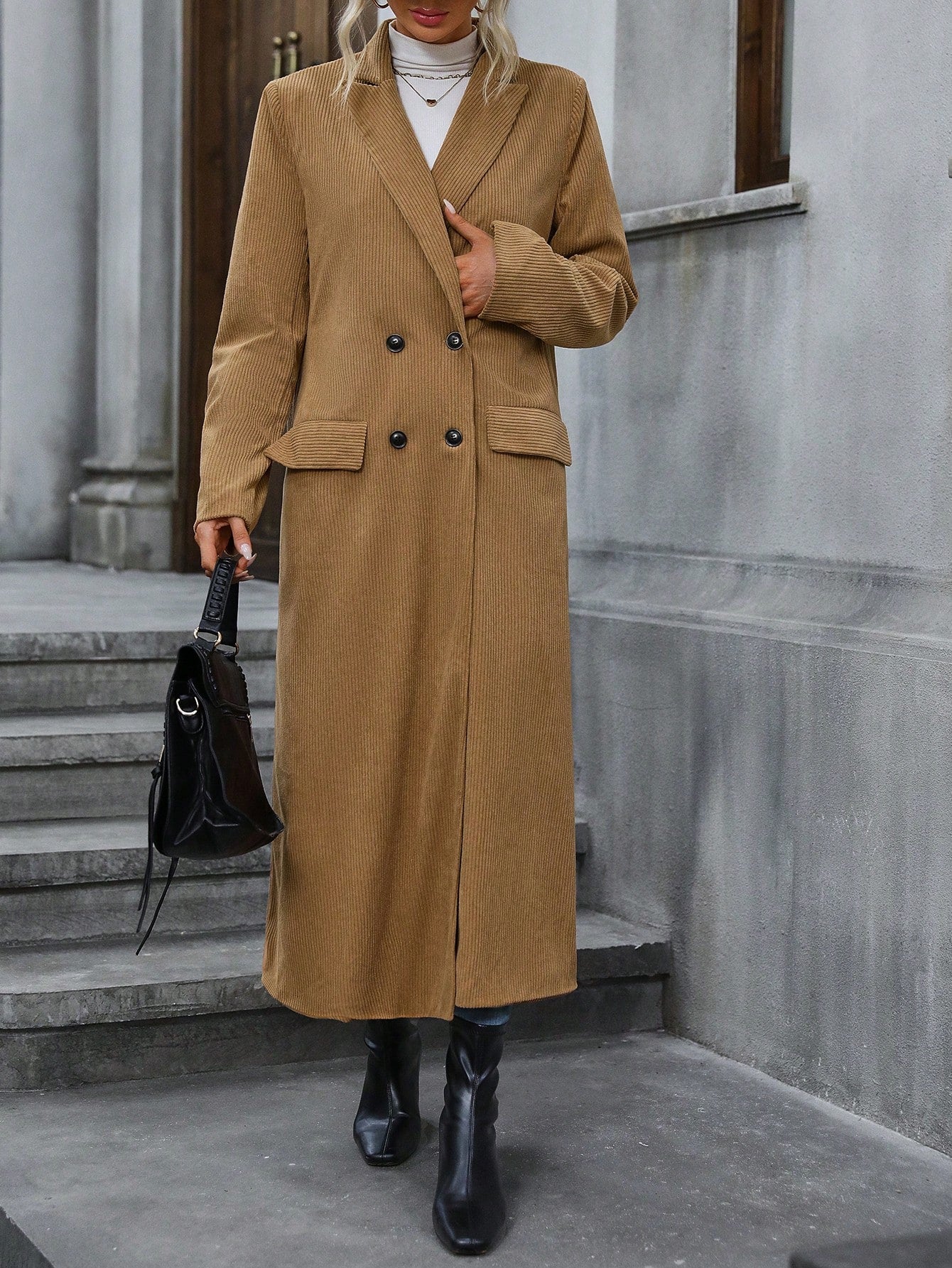 Lapel Neck Double Breasted Flap Detail Coat