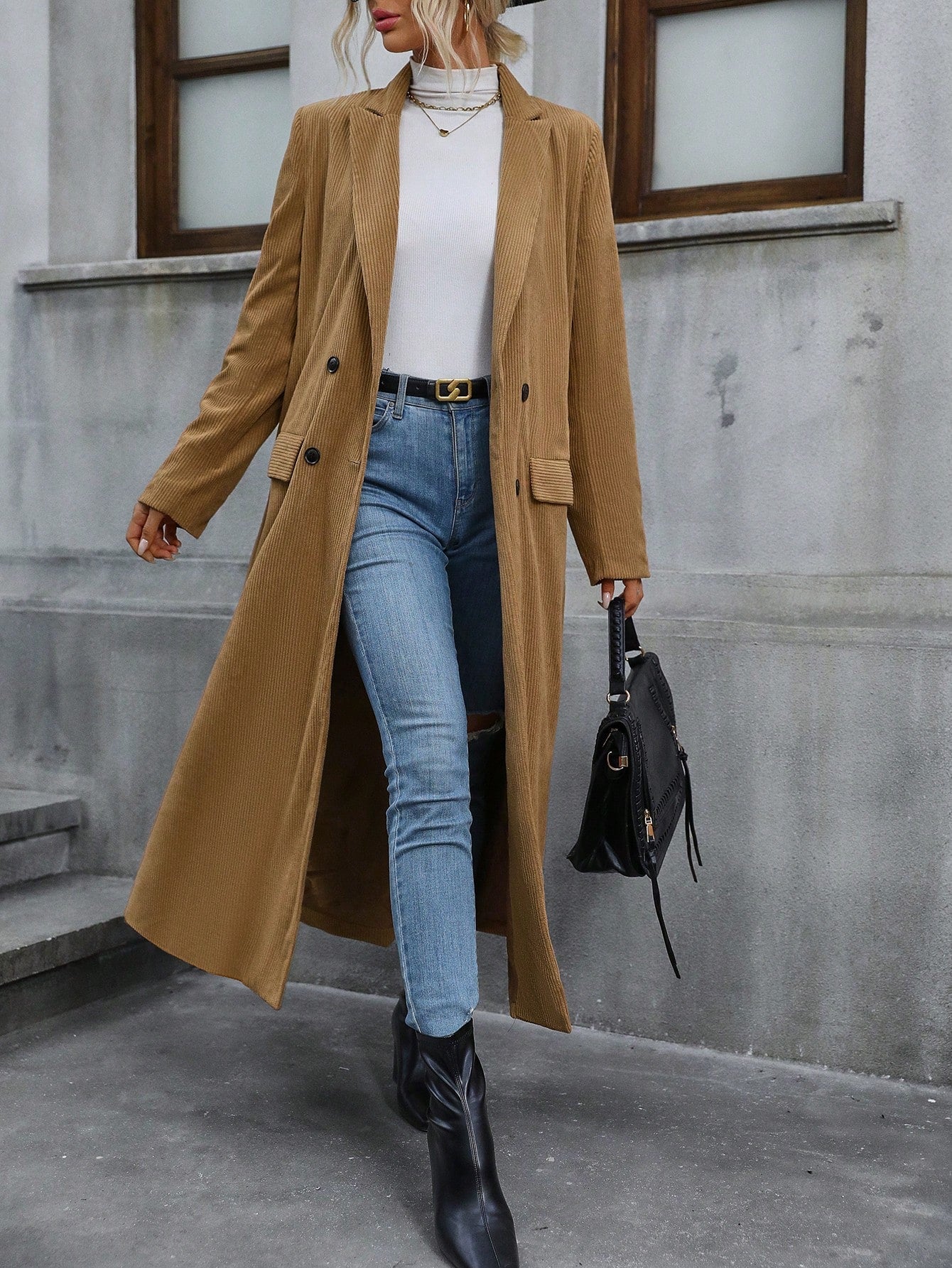 Lapel Neck Double Breasted Flap Detail Coat