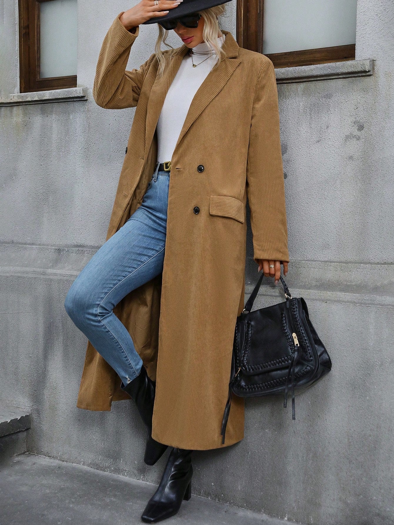 Lapel Neck Double Breasted Flap Detail Coat