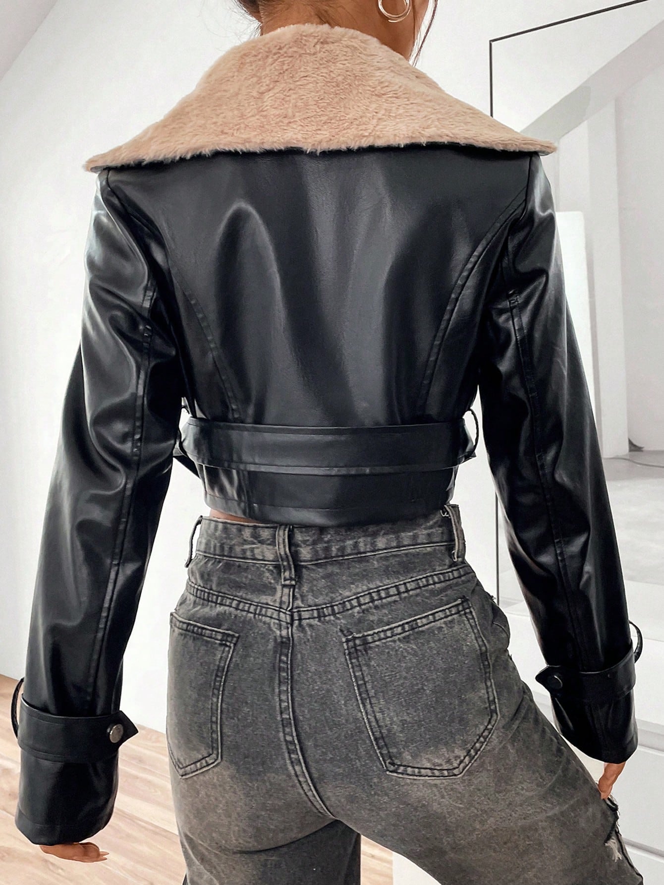 Borg Collar Teddy Lined Crop Leather Jacket