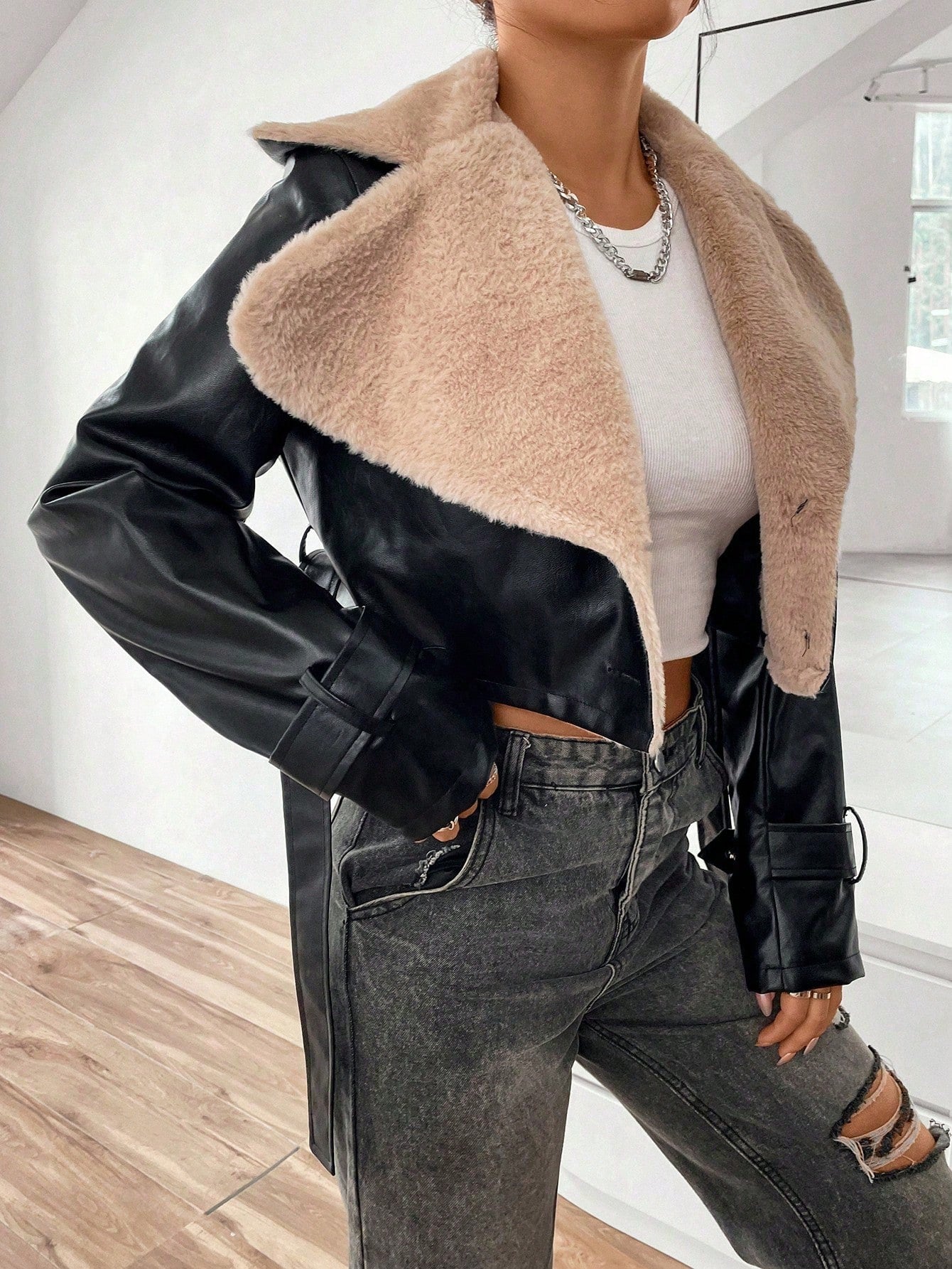 Borg Collar Teddy Lined Crop Leather Jacket