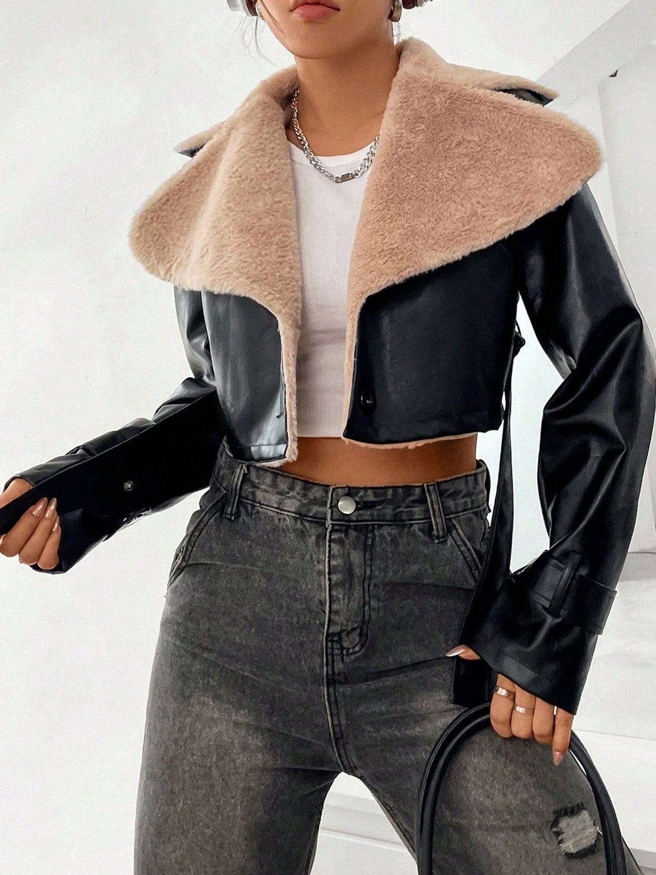 Borg Collar Teddy Lined Crop Leather Jacket