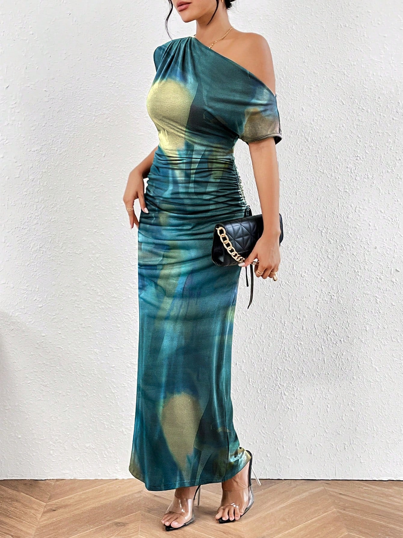 Leopard Print Asymmetrical Neck Ruched Side Mermaid Dress