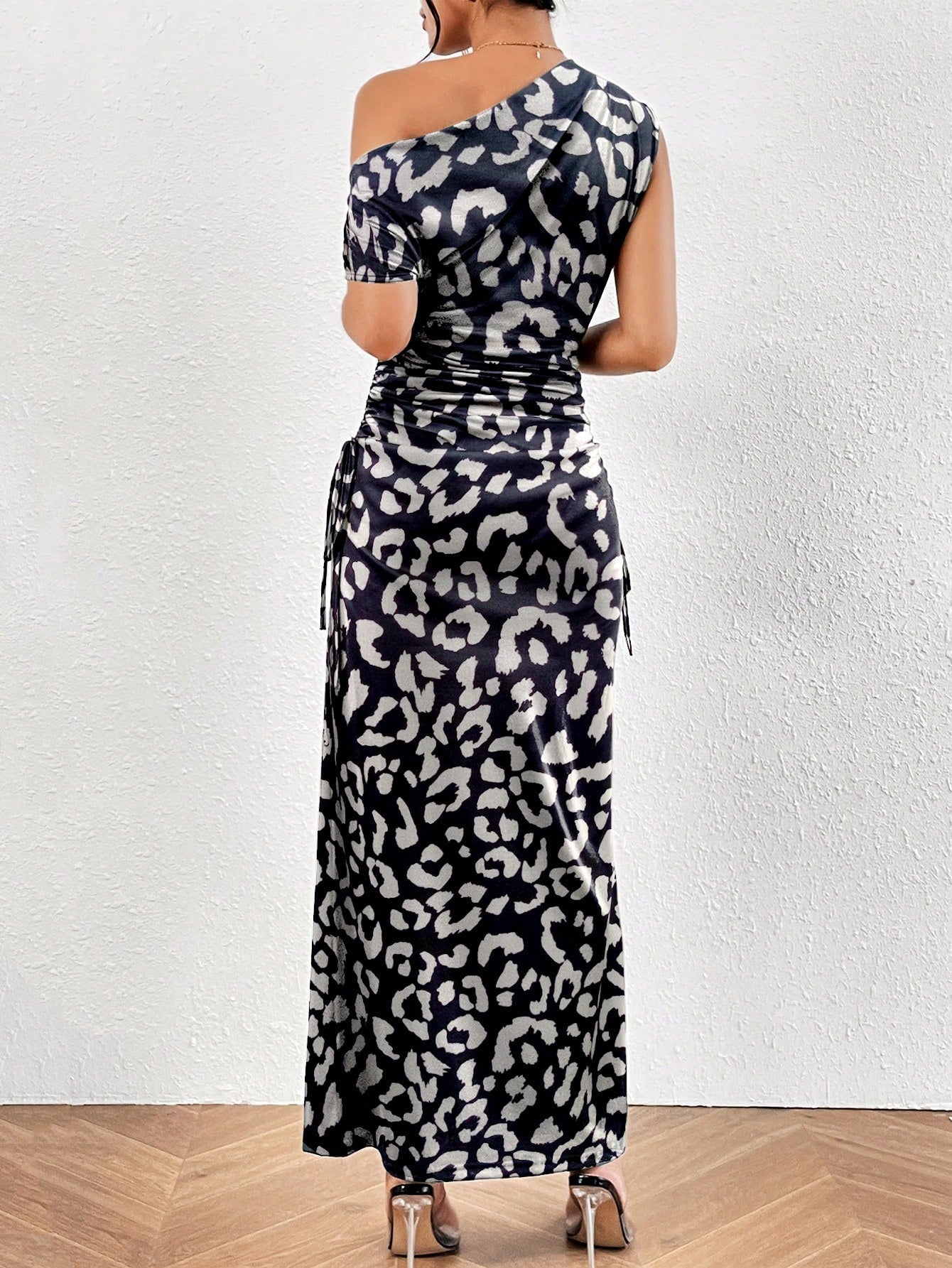 Leopard Print Asymmetrical Neck Ruched Side Mermaid Dress