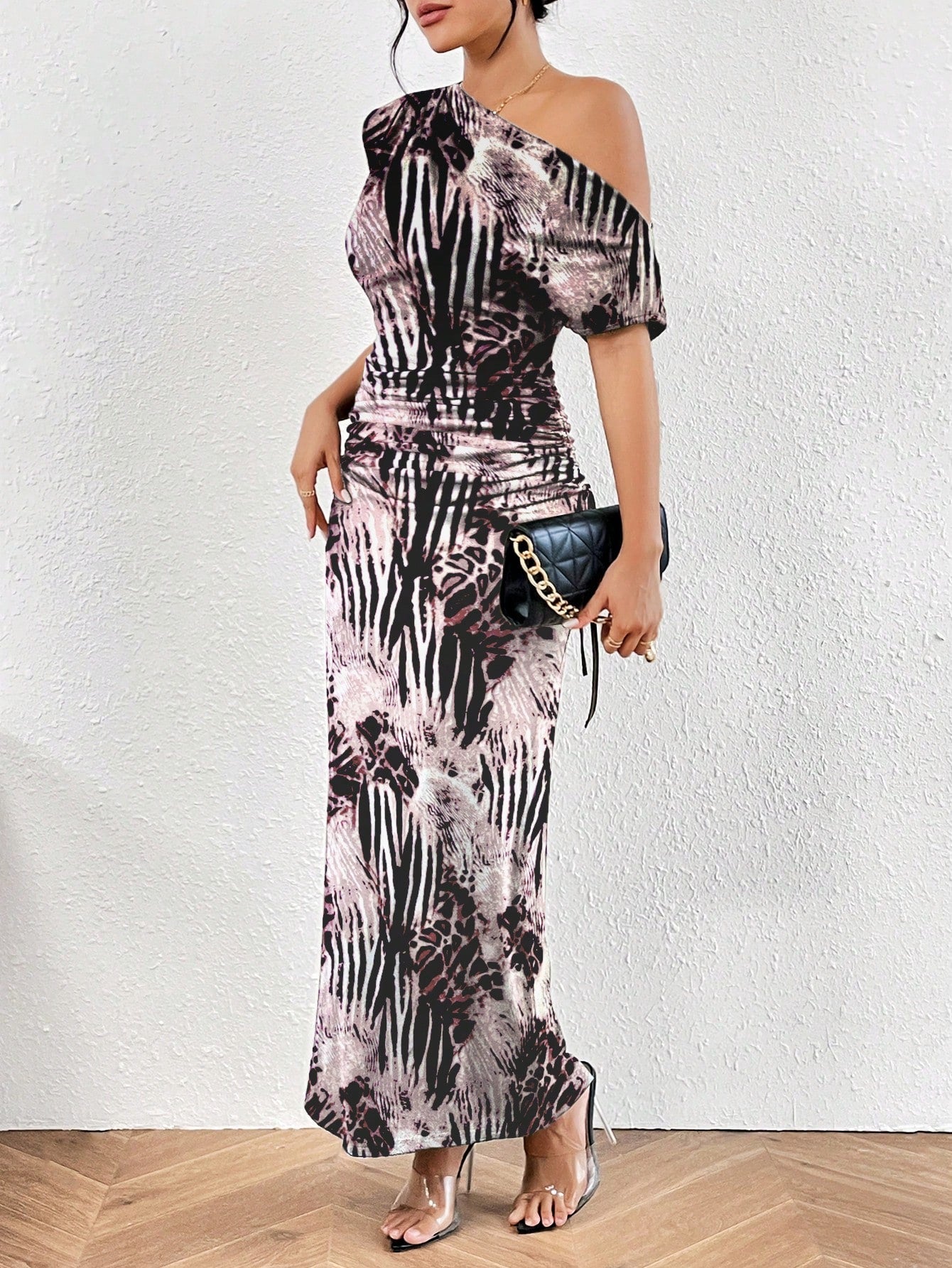 Leopard Print Asymmetrical Neck Ruched Side Mermaid Dress