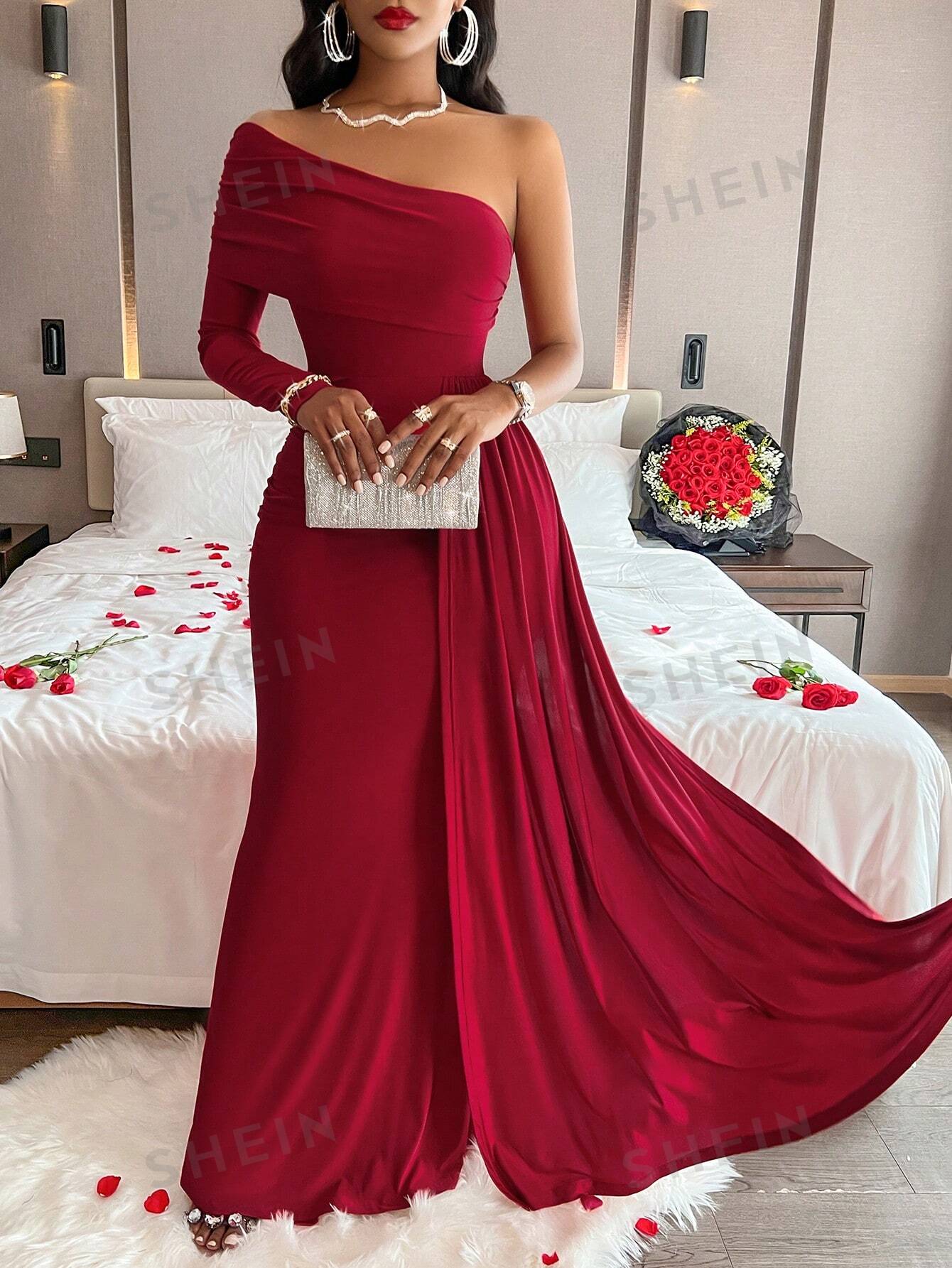 shein red long sleeve dress Shein Long Sleeve Ruffle Hem Dress