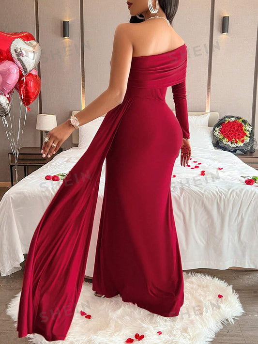 Elegant One Shoulder Long Sleeve Dress