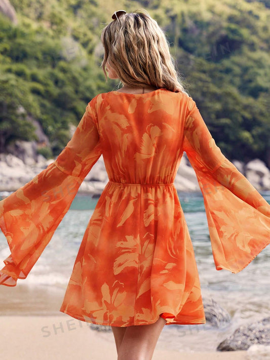 Summer Beach Flower Print Bell Sleeve Tie Waist Women's Dress