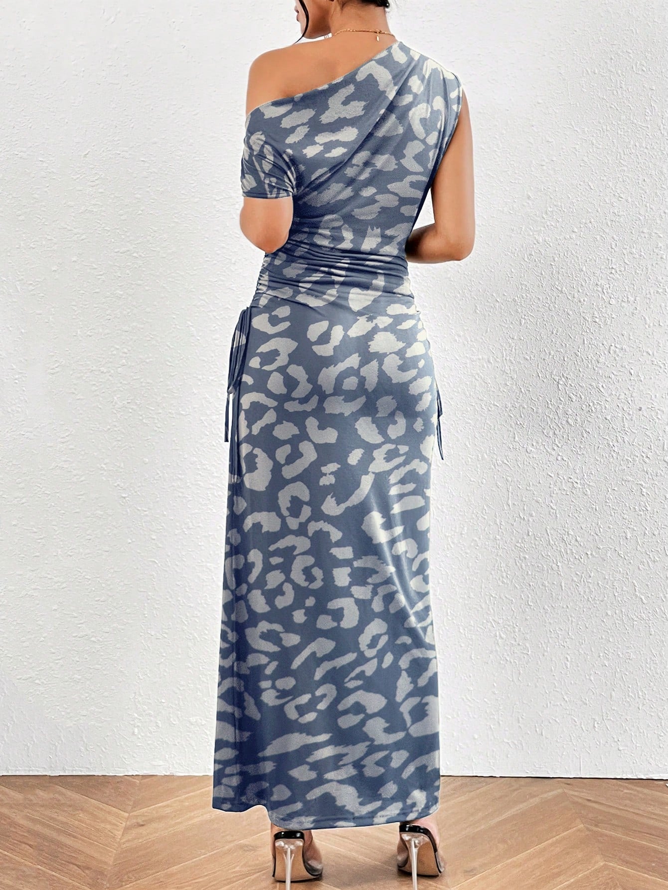 Leopard Print Asymmetrical Neck Ruched Side Mermaid Hem Dress