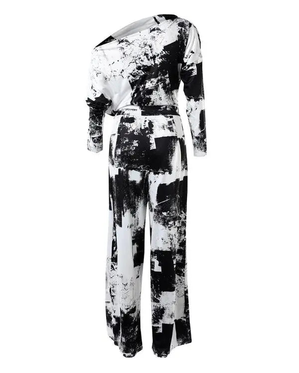 Wide-Leg Jumpsuit with Split Hem and Ruched Slant Neck