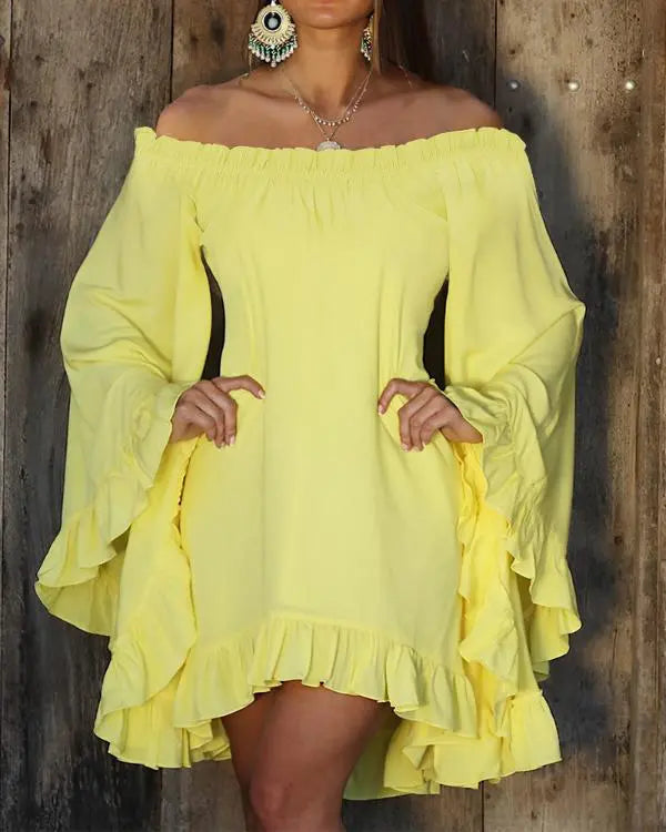 Bell Sleeve Ruffles Zipper Design Casual Dress