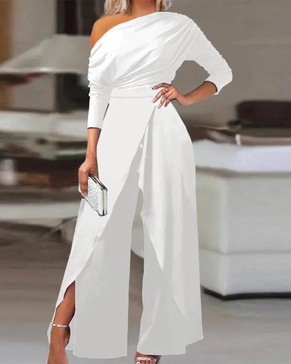 Wide-Leg Jumpsuit with Split Hem and Ruched Slant Neck