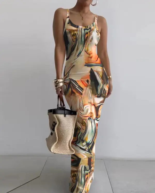 Sleeveless U Neck Marble Print Maxi Dress