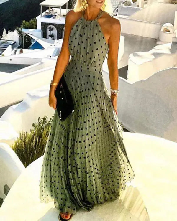 Polka Dot Print Chiffon Pleated Maxi Dress