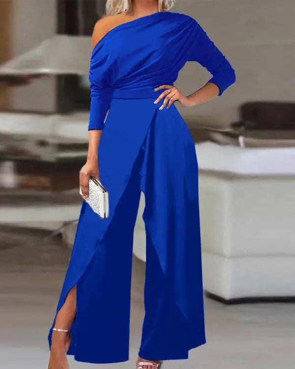 Wide-Leg Jumpsuit with Split Hem and Ruched Slant Neck