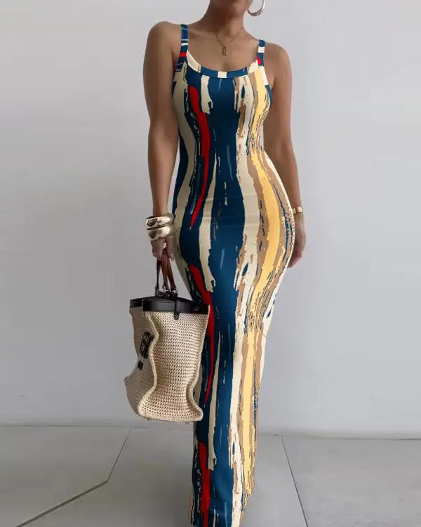 Sleeveless U Neck Marble Print Maxi Dress