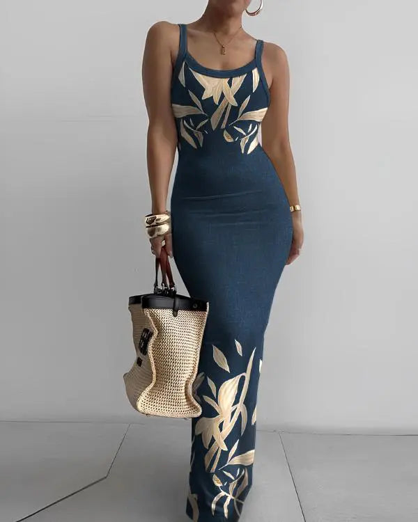 Sleeveless U Neck Marble Print Maxi Dress