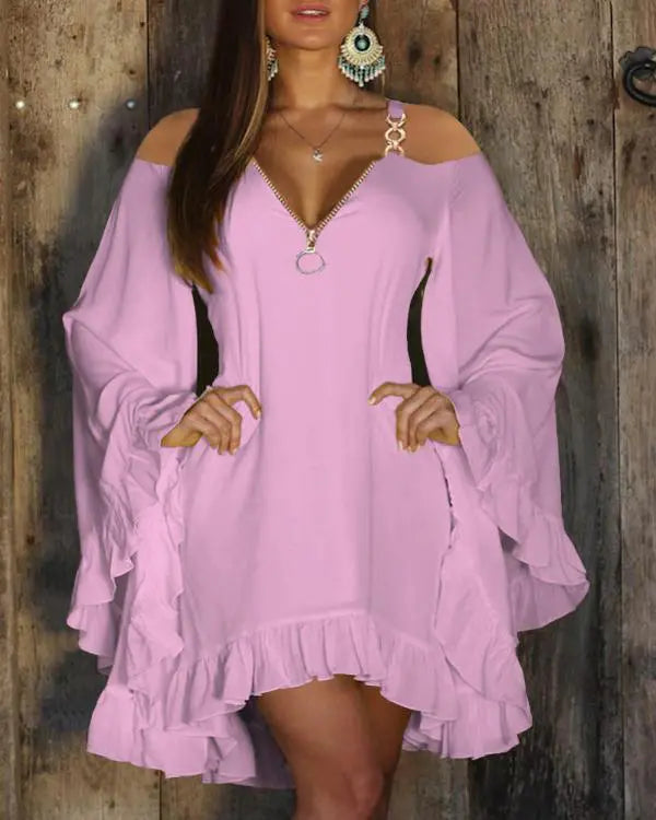 Bell Sleeve Ruffles Zipper Design Casual Dress