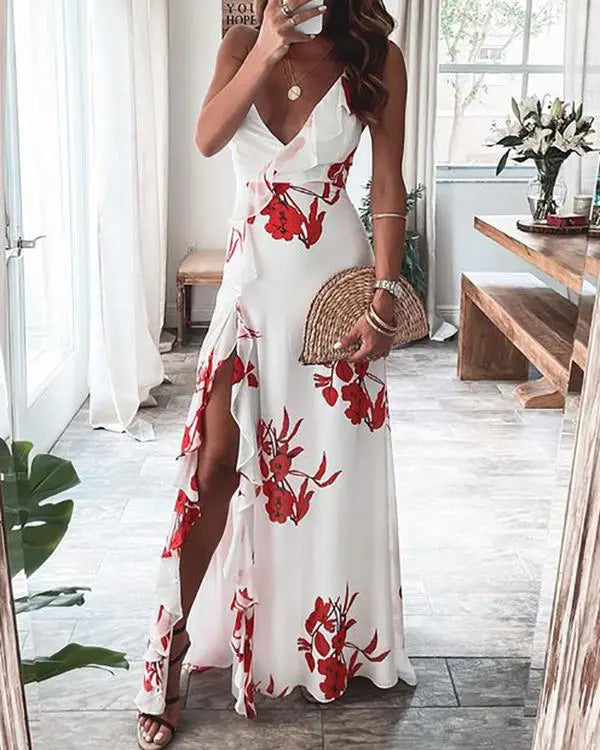 Long Dress with Ruffles and High Slit with Floral Print