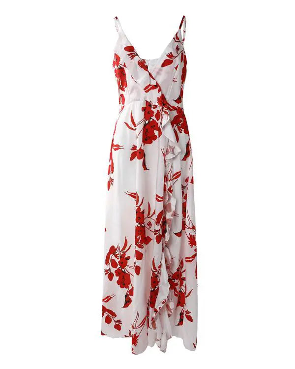 Long Dress with Ruffles and High Slit with Floral Print