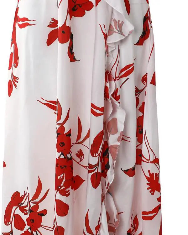 Long Dress with Ruffles and High Slit with Floral Print