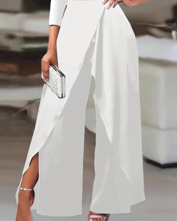 Wide-Leg Jumpsuit with Split Hem and Ruched Slant Neck