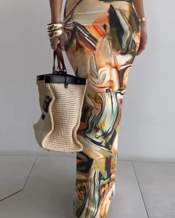 Sleeveless U Neck Marble Print Maxi Dress