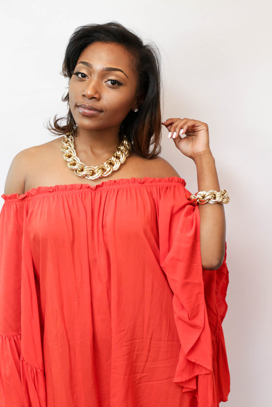 Red Off Shoulder Ruffle Long Sleeve Dress