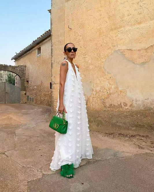 V Neck Halter Large Swing Ribbon Dress