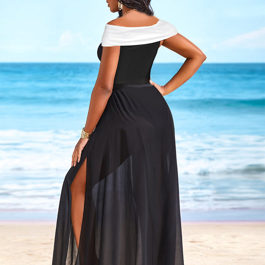 Two Piece Swimsuit Set Off Shoulder Cover up and One Piece Swimsuit