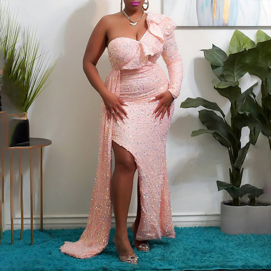 Winter Dress One Shoulder Sequin Bridesmaid Dress Party Maxi Dress Women Clothing