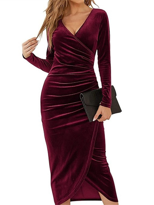 Velvet Cocktail Sleeve Ruched V Neck Fashion Midi Dress