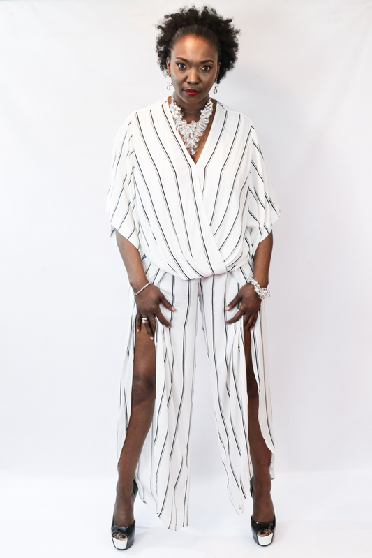 2 PC White/ Black Stripe Pants Set