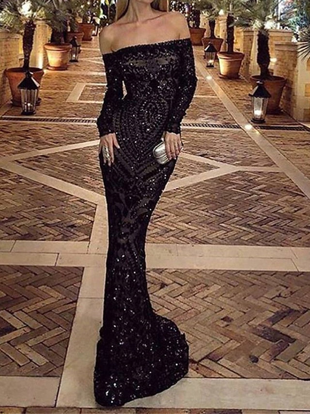 Classy Sexy Off The Shoulder Sparkly Sequin Evening Long Dress