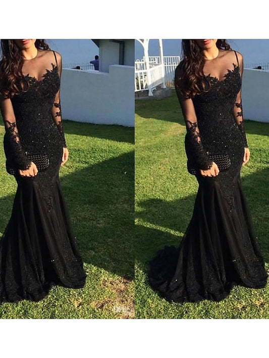 Mermaid Black Long Sleeve Evening Dress With Train