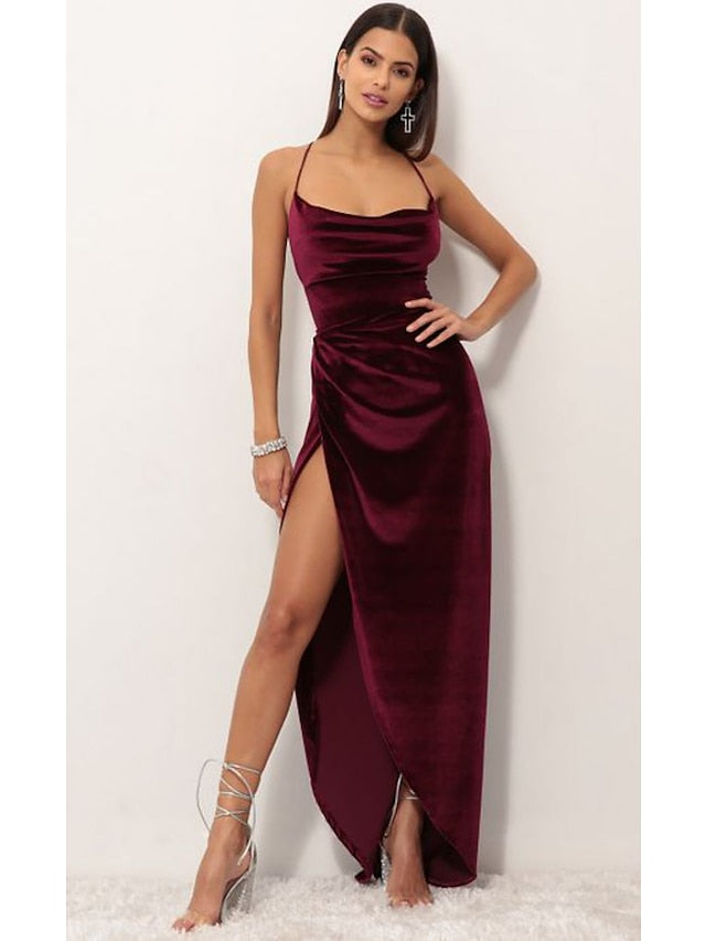 Elegant Sexy Velvet Backless Lace Spaghetti Strap Maxi Dress