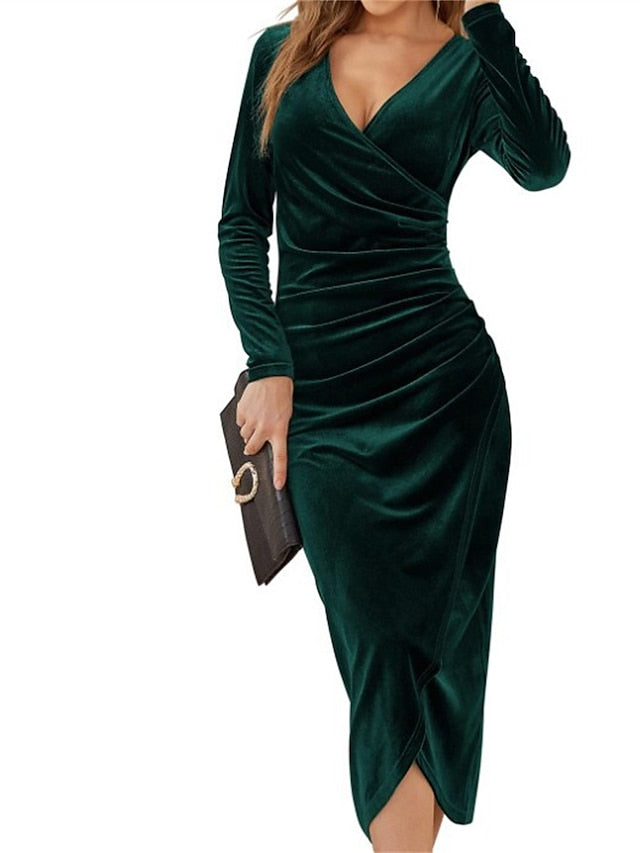 Velvet Cocktail Sleeve Ruched V Neck Fashion Midi Dress