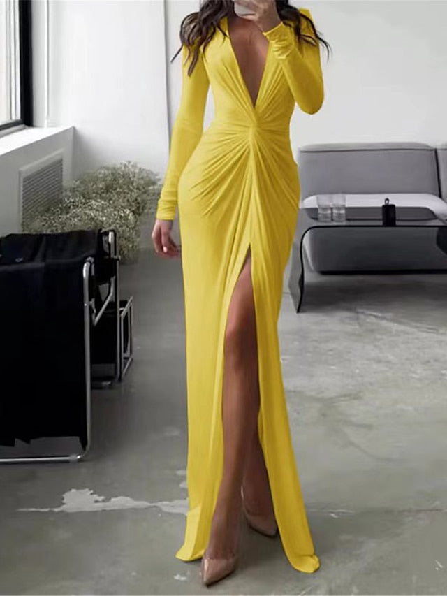 Women's Deep V Neck Long Sleeve Maxi Dress
