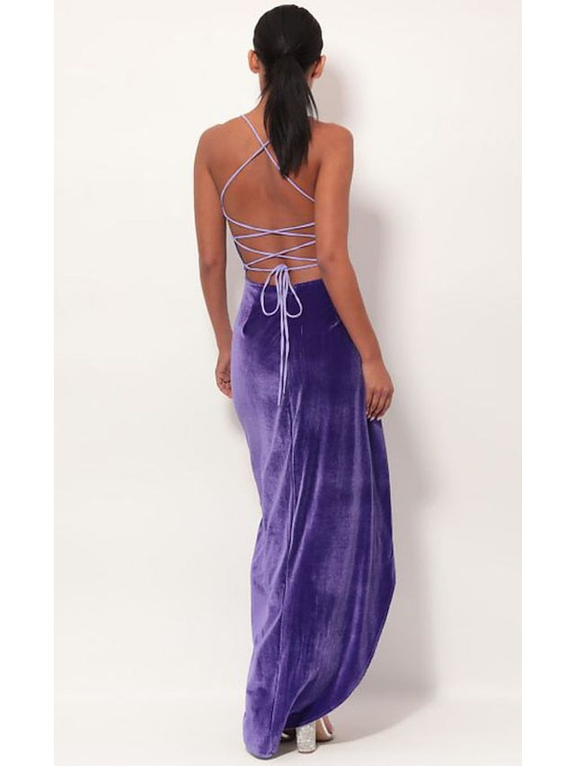 Elegant Sexy Velvet Backless Lace Spaghetti Strap Maxi Dress