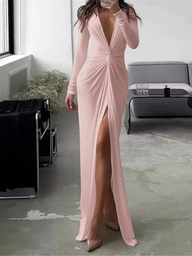 Women's Deep V Neck Long Sleeve Maxi Dress