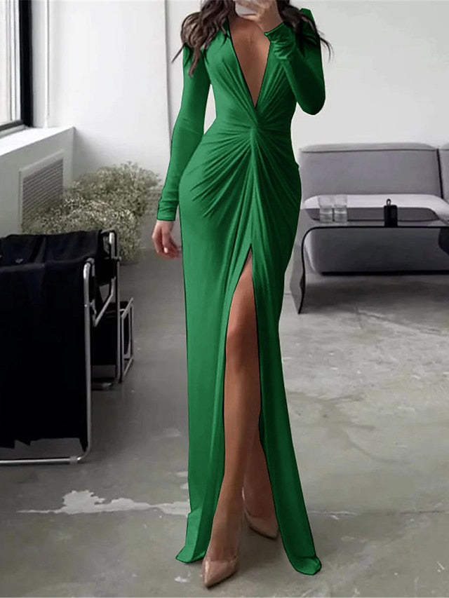 Women's Deep V Neck Long Sleeve Maxi Dress