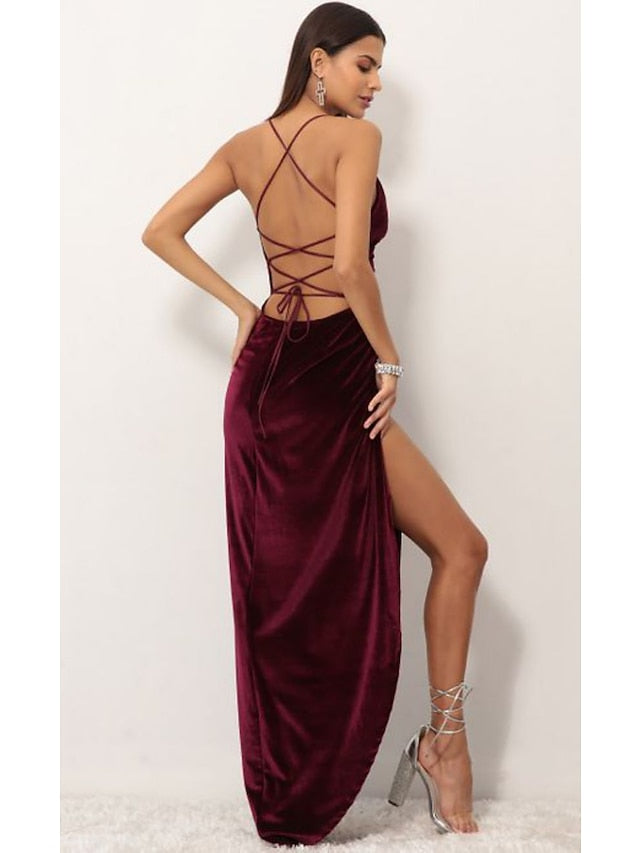 Elegant Sexy Velvet Backless Lace Spaghetti Strap Maxi Dress